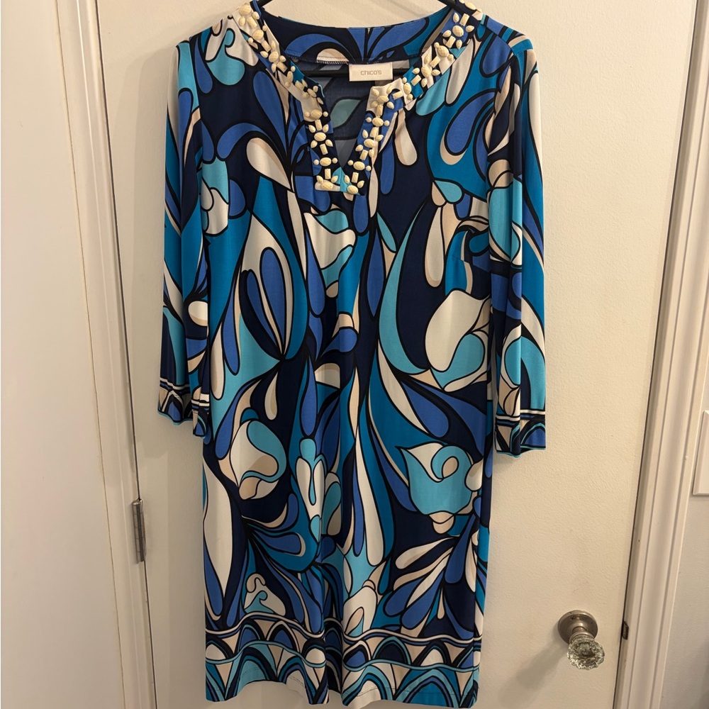 Chico's Vibrant Blue and Cream Embellished Top
